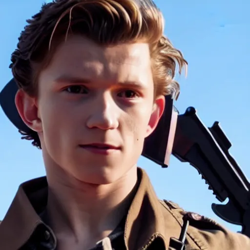 Prompt: film still of tom holland as maverick in too gun