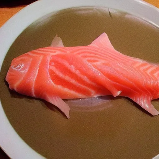 Image similar to salmon sashimi shaped like a cat,artstation,very detailed