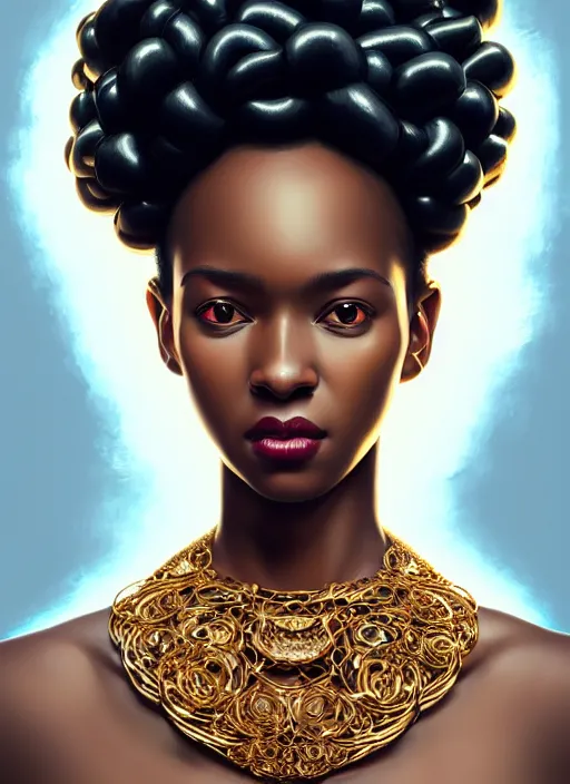 Image similar to portrait of young black woman with bantu knots, afro - futurist style, intricate, elegant gleaming jewelry, angelic halo, highly detailed, digital painting, artstation, concept art, smooth, sharp focus, illustration, art by wlop, mars ravelo and greg rutkowski
