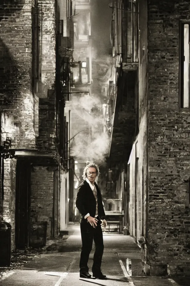 Prompt: Heath Ledger smoking a cigarette back alley of prom, well lit, masterpiece photography, high quality, visual, sharp, backlit, gorgeous lighting