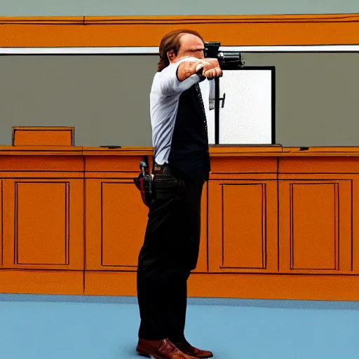 Image similar to saul goodman shooting a glock 1 9 inside a courtroom