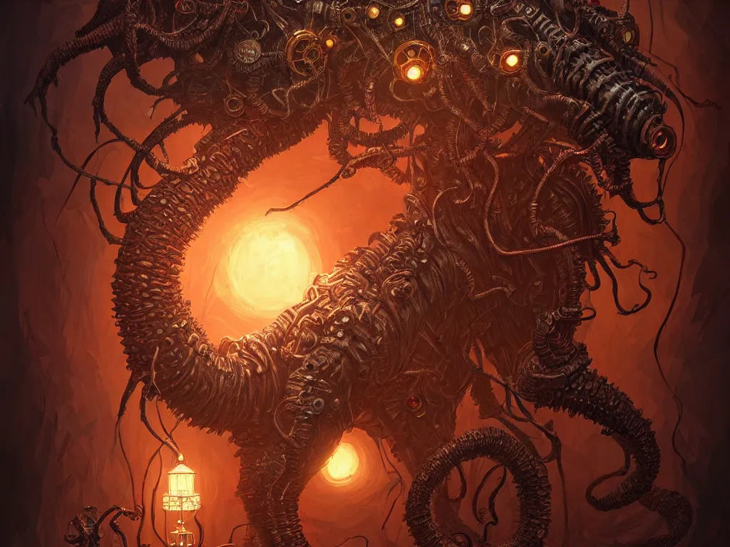 Image similar to a demogorgon. steampunk, intricate, elegant, fantasy, highly detailed, digital painting, concept art, sharp focus, illustration, beautiful lighting, epic light, artstation, colorful, dramatic