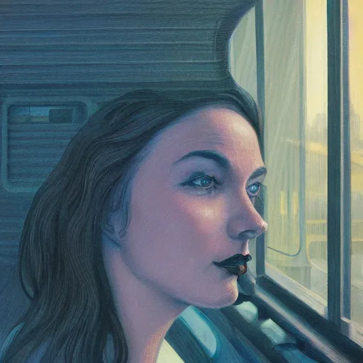 Image similar to detailed face of a woman, clockwork, moment, tectonic sky, skydome, bullet train, turbines, utopian, tech noir, wet reflections, prism, atmospheric, ambient, pj crook, syd mead, livia prima, edward hopper