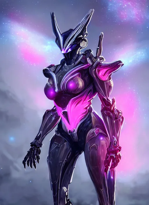 Image similar to cinematic shot, cosmic sized perfectly proportioned stunning beautiful hot female warframe, robot mecha female dragon head, mecha dragon maw, silver armor, fuschia leds, floating in empty space, nebula sized, holding a galaxy, epic proportions, epic size, epic scale, furry art, dragon art, giantess art, warframe fanart, furaffinity, deviantart