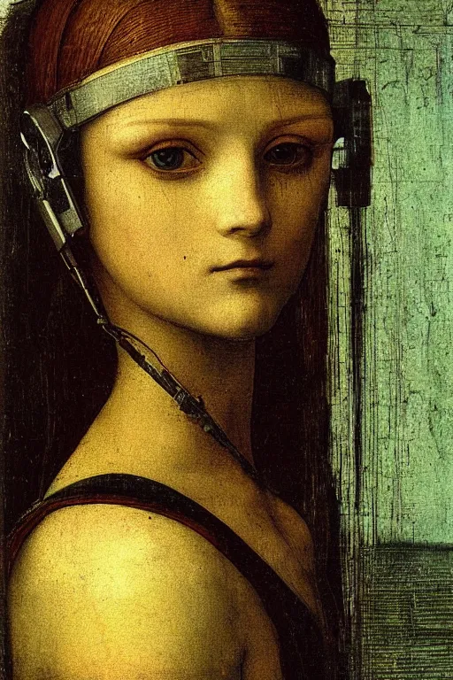 Image similar to a close - up portrait of a cyberpunk cyborg girl, by leonardo davinci, rule of thirds