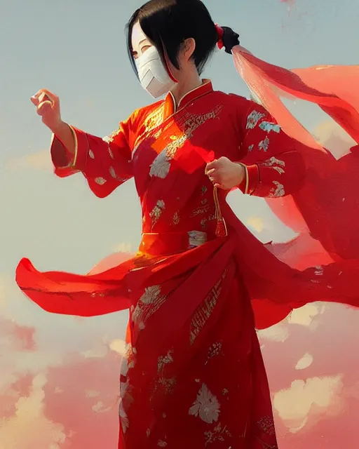 Image similar to asian female with white cloth mask wearing traditional red ao dai, full moon on the sky, digital illustration by ruan jia, a ultra detailed beautiful panting by ilya kuvshinov, greg rutkowski and makoto shinkai, trending on artstation