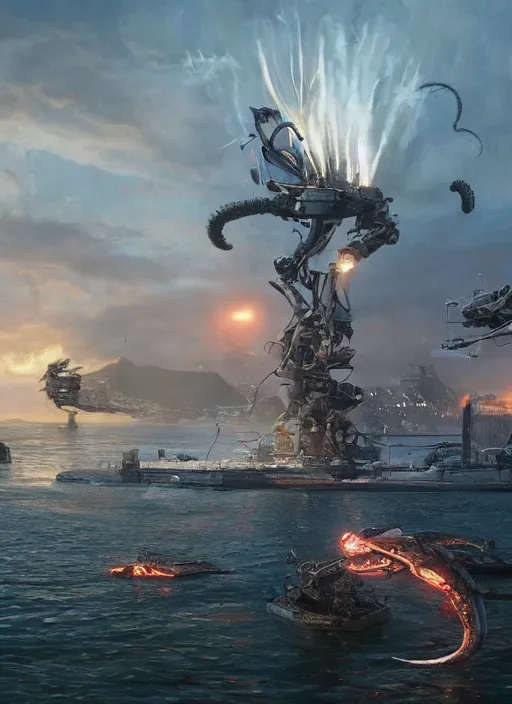 Prompt: hyper realistic squid robot attacking cape town city harbor explosions beautiful details, strong composition painted by kim jung giu weta studio rutkowski, james gurney and greg rutkowski, and lucasfilm