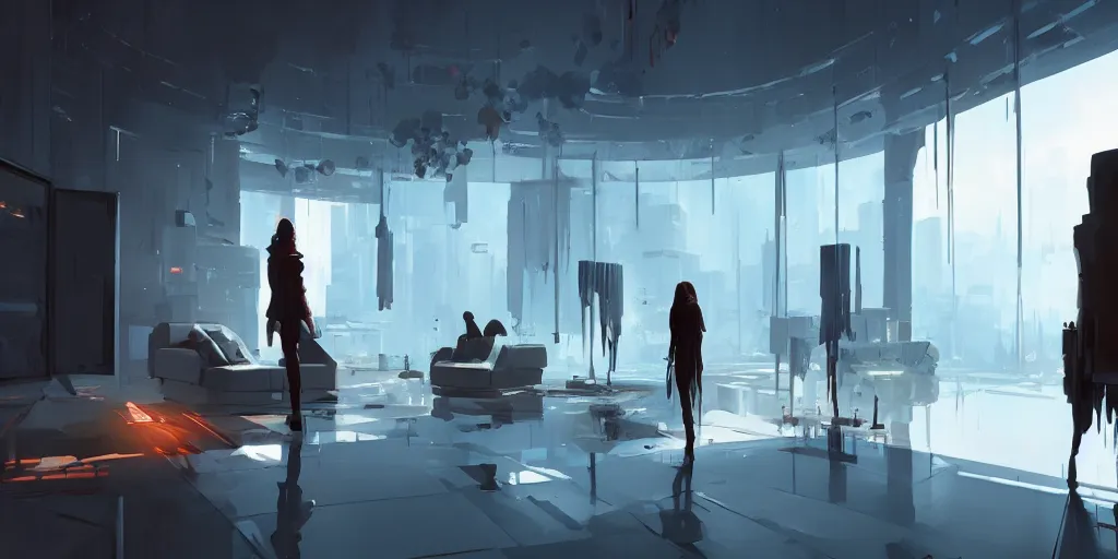 Prompt: a modern gallery with paintings, by pascal campion, octane render, unreal engine 6, epic game graphics, fantasy, cyberpunk, conceptual art, ray tracing