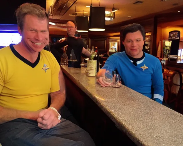 Prompt: captain kirk and doctor mccoy drunk, sitting at the bar, cdx