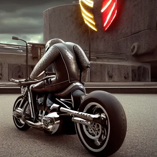 Image similar to brutalism biker on his harley-davidson in Tim burton Style, ultra detailed, ultra realistic, photography, unreal engine 5, atmospheric light, mute color, 8K, dof