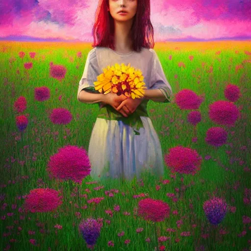 Image similar to girl with one blooming flower as a face, surreal photography, dream, standing in flower field, hills, big trees, sunrise dramatic light, impressionist painting, colorful clouds, digital painting, pointillism, artstation, simon stalenhag, flower face