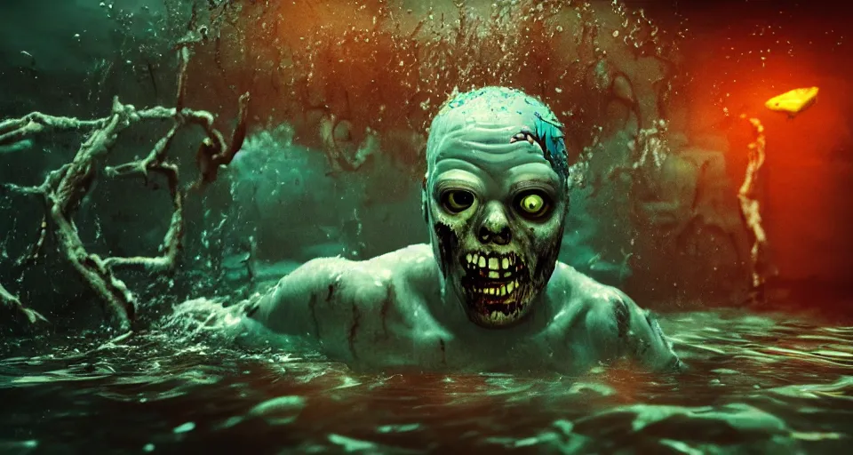 Image similar to highly detailed full body portrait of a zombie swimming underwater in a zombie - apocalypse, in a swimming pool, style of plants vs zombies, octane render