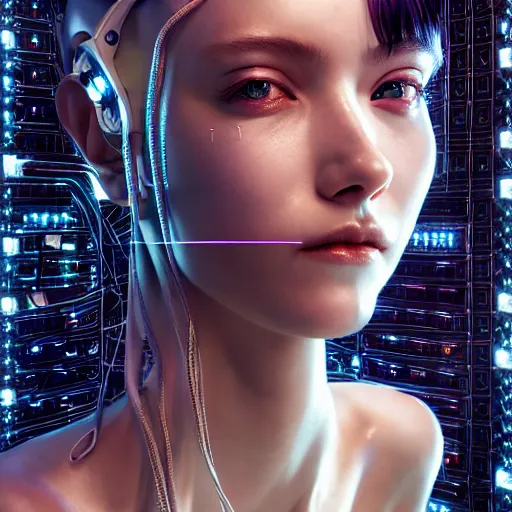 Prompt: the portrait of an absurdly beautiful, graceful, sophisticated, fashionable cyberpunk gynoid gravure idol, an ultrafine hyperdetailed illustration by kim jung gi, irakli nadar, intricate linework, iridescent wiring, porcelain skin, unreal engine 5 highly rendered, global illumination, radiant light, detailed and intricate environment