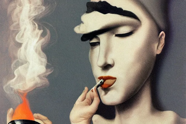 Image similar to a lit joint lying in an ashtray, slow, smoke in the shape of a woman's face, surreal, magritte