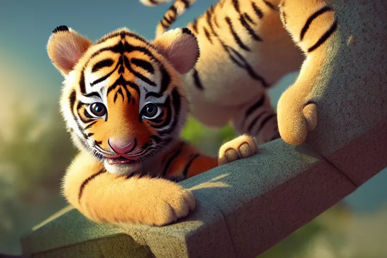 Image similar to a cute baby tiger cub, soft texture, pastel colours, colorful, cute, pixar animation style, detailed, soft light, octane render, 4 k