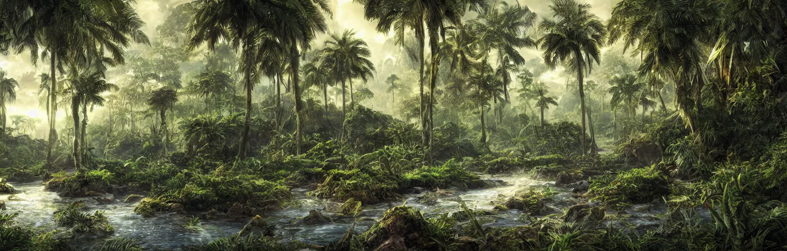 Prompt: painting of a jungle river!! scene on an alien planet by vincent bons. ultra sharp high quality digital render. detailed. beautiful landscape. weird vegetation. water.