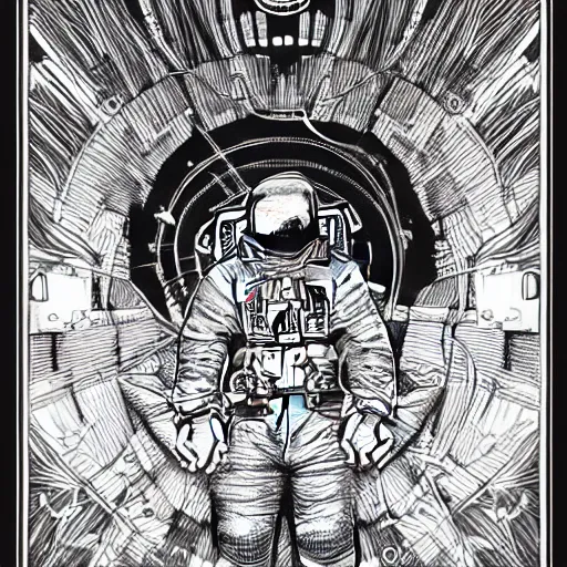 Prompt: meditating astronaut, psychedelic poster illustration by Jason Edminston, photorealism, intricate, line-drawing, black ink on white paper