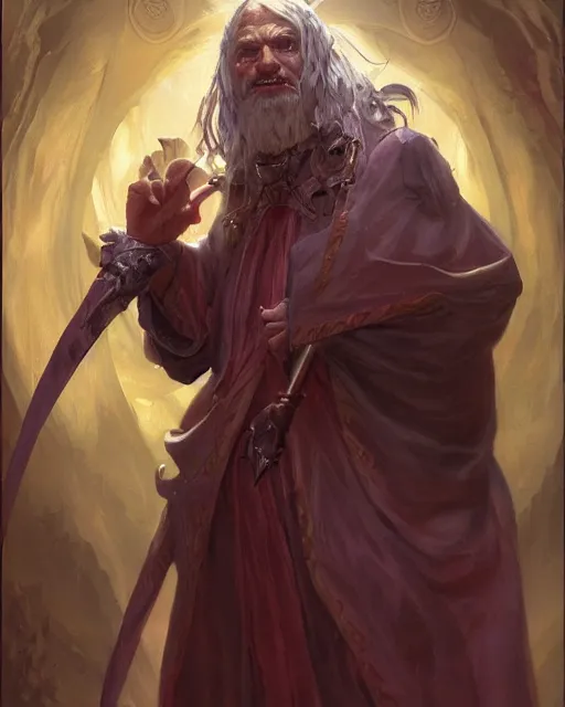 Image similar to A chaotic evil dnd wizard, he wears robes. Award winning oil painting by, ross tran, Thomas Cole and Wayne Barlowe. Highly detailed