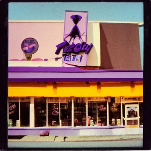 Image similar to low angle wide shot of desert city Night Vale pizzeria, with blurred figures in dark hoodies, in the lilac sunset, lomography, polaroid photo, by Warhol,