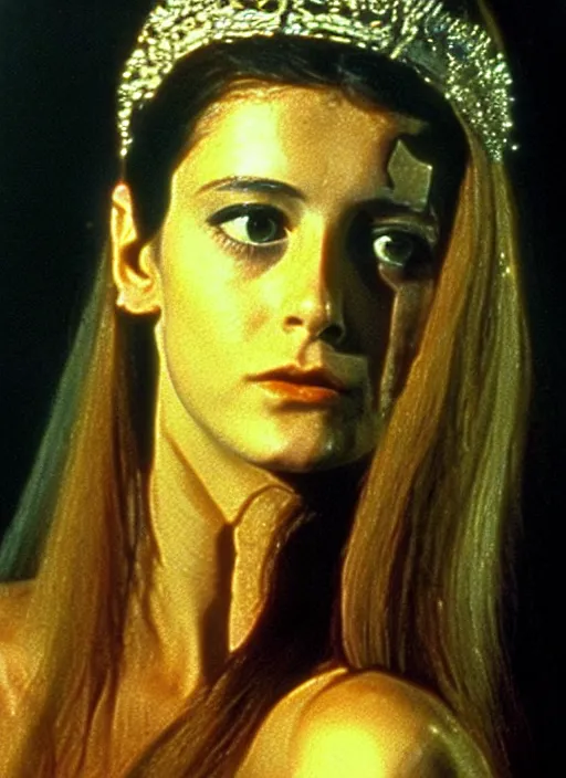 Image similar to 1971 film still from an Italian drama film of a young French actress as the goddess of razor blades. ultra detailed painting at 16K resolution and amazingly epic visuals. epically beautiful image. amazing effect, image looks gorgeously crisp as far as it's visual fidelity goes, absolutely outstanding. vivid clarity. ultra. iridescent. mind-breaking. mega-beautiful pencil shadowing. beautiful face. Ultra High Definition. godly shading. amazingly crisp sharpness. photorealistic film cel processed twice..