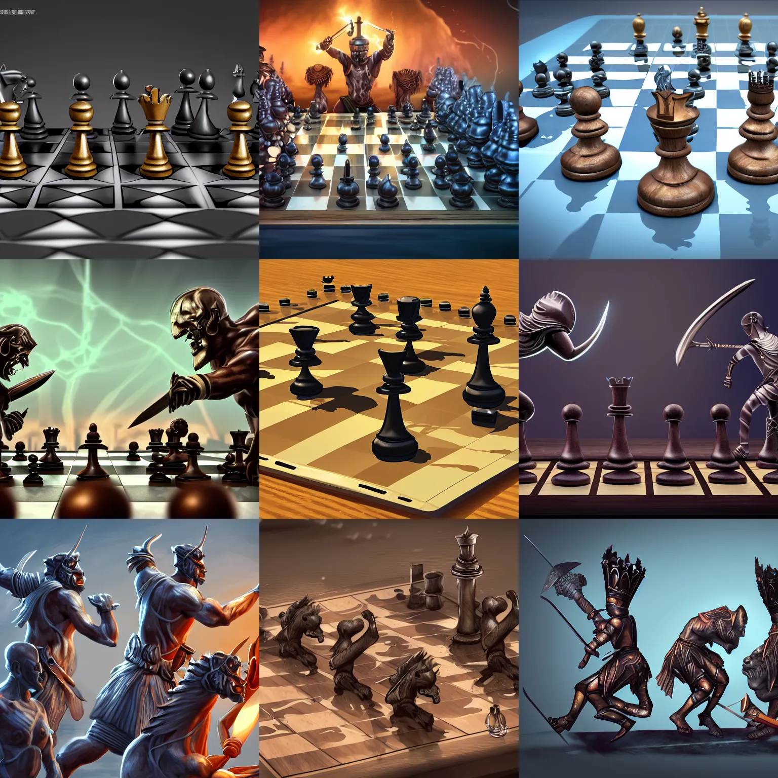 Prompt: digital illustration of homanoid chess pieces fighting with swords and weapons, hd, art station, 4k, uhd, unreal engine 5, cinematic lightning
