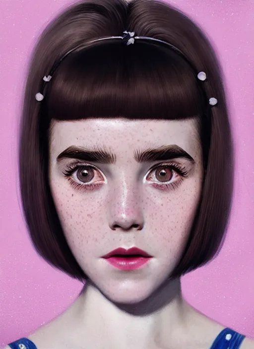 Image similar to portrait of kiernan shipka with freckles, white hair, 1 9 6 0 s bob hairstyle, hairstyle with bangs, 1 9 6 0 s bob hair with bangs and hairband, intricate, elegant, glowing lights, highly detailed, digital painting, artstation, concept art, smooth, sharp focus, illustration, art by wlop, mars ravelo and greg rutkowski