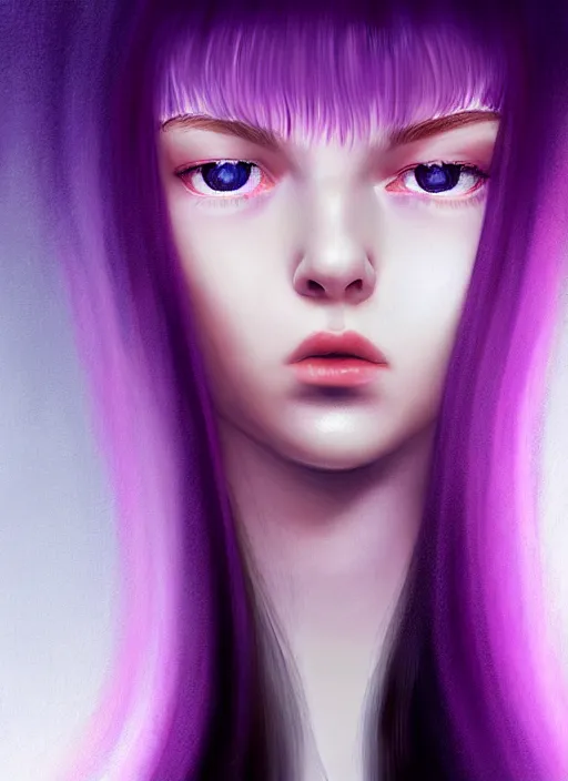 Image similar to hair whitebangs hair, black hair, whitebangs, portrait of teenage girl with white bangs, red irises, purple clothes, white bangs, bangs are different color from hair, intricate, elegant, glowing lights, highly detailed, digital painting, artstation, concept art, smooth, sharp focus, illustration, art by wlop, mars ravelo and greg rutkowski