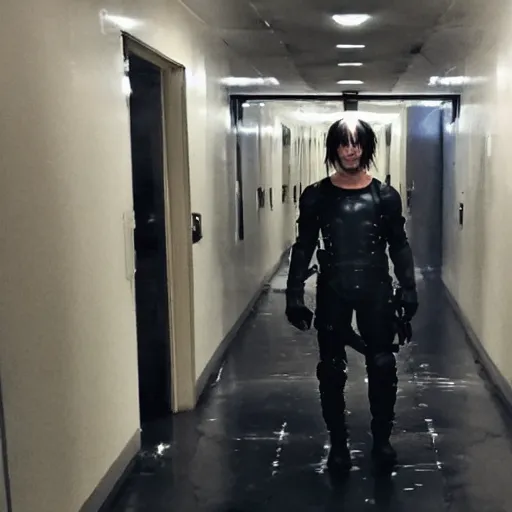 Image similar to Norman Reedus taking a selfie in the backrooms hallway wearing Death Stranding poster power armor, liminal space hallway, backrooms, selfie photo