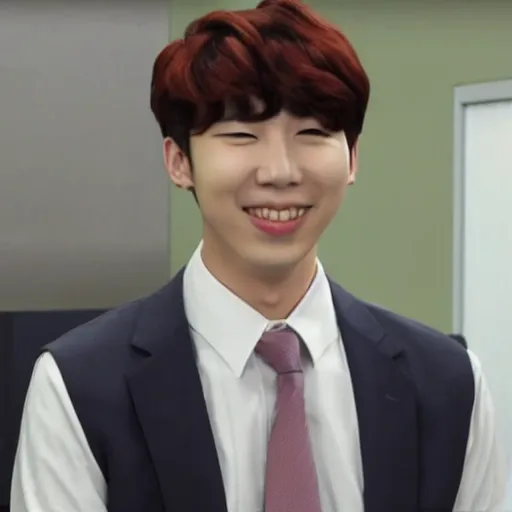 Prompt: Kim Namjoon from bts in The Office TV show season 7, HD, 2009, joon, screenshot, rapmonster, rm, official