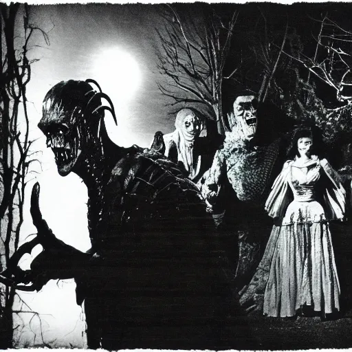 Prompt: photo of classic universal horror monsters dracula, frankenstein, the bride of frankestein with the monster of lagoon and the mummy in a forest at night, telephoto long distance shot, black and white, low light, vignette, fujifilm, creepy, dark, atmospheric, 3 5 mm, surveillance footage, fisheye