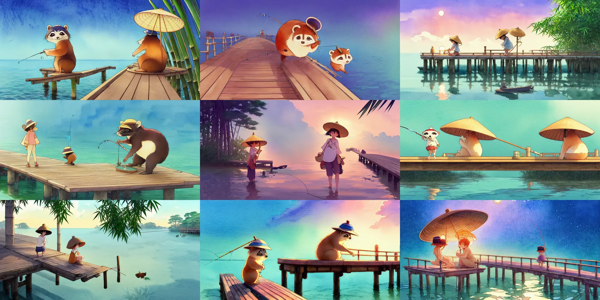 Prompt: a wholesome animation key shot of tanuki on a fishing pier wearing a bamboo hat, studio ghibli, pixar and disney animation, sharp, disney concept art watercolor illustration by mandy jurgens and alphonse mucha and alena aenami, pastel color palette, bloom, dramatic lighting