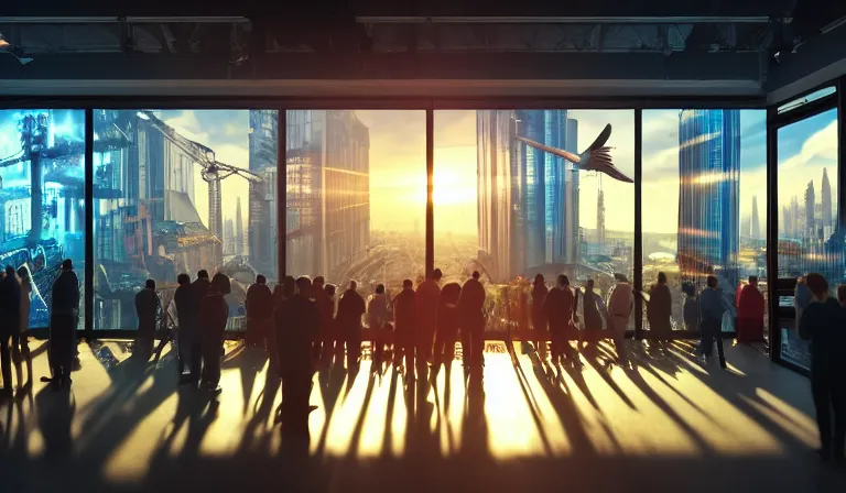 Prompt: crowd of people in simple windowed warehouse, looking at hologram of futuristic city on a table, cinematic concept art, godrays, golden hour, natural sunlight, 4 k, clear details, tabletop model buildings, center model buildings, hologram center, crane shot, crane shot, crane shot