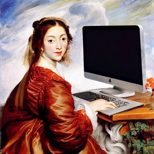 Image similar to heavenly summer sharp land sphere scallop well dressed lady working on her laptop auslese, by peter paul rubens and eugene delacroix and karol bak, hyperrealism, digital illustration, fauvist, looking at her imac laptop