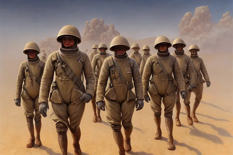 Image similar to portrait shot of ww 1 astronauts marching through the marsian desert, intricate, elegant, highly detailed, centered, digital painting, artstation, concept art, smooth, sharp focus, illustration, artgerm, tomasz alen kopera, peter mohrbacher, donato giancola, joseph christian leyendecker, wlop, boris vallejo