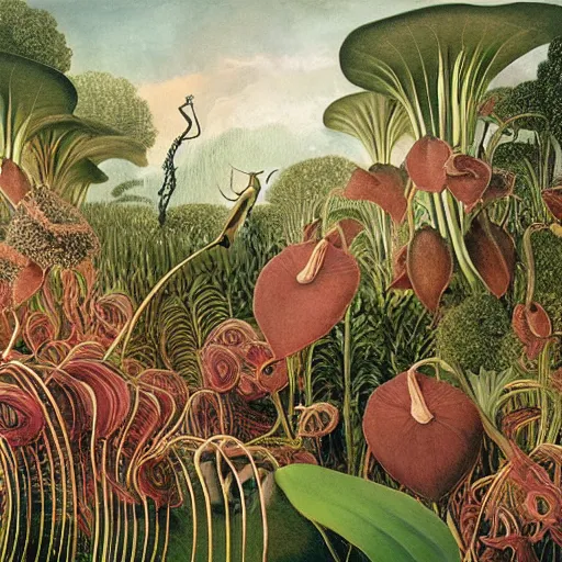 Prompt: Artist lost among carnivorous plants. Thunderstorm afar. Painting by Walton Ford