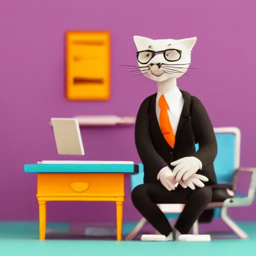 Prompt: a happy and contented cat wearing a business suit, sitting behind desk, selling insurance, disney character, cartoonish, colorful, detailed, claymation, dreamlike, felt, wes anderson