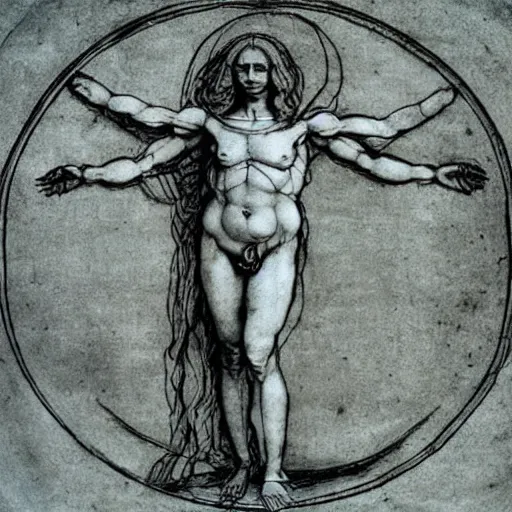 Image similar to anatomically correct vitruvian woman by leonardo da vinci