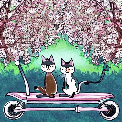 Prompt: a cute artwork of two cats riding scooters through a forest of cheery blossom trees