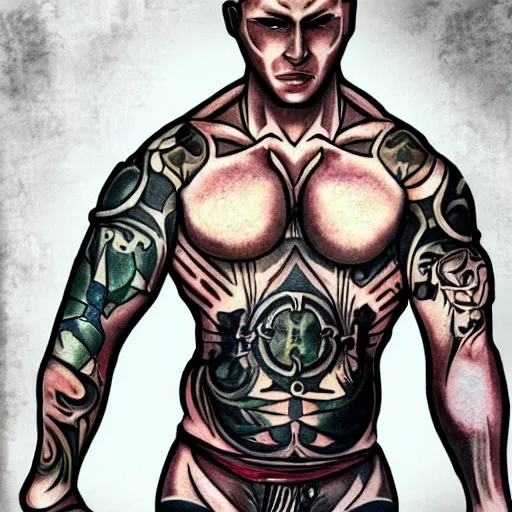 Image similar to muscular bald man, tattooed body, sword in hands, HD, anime style,