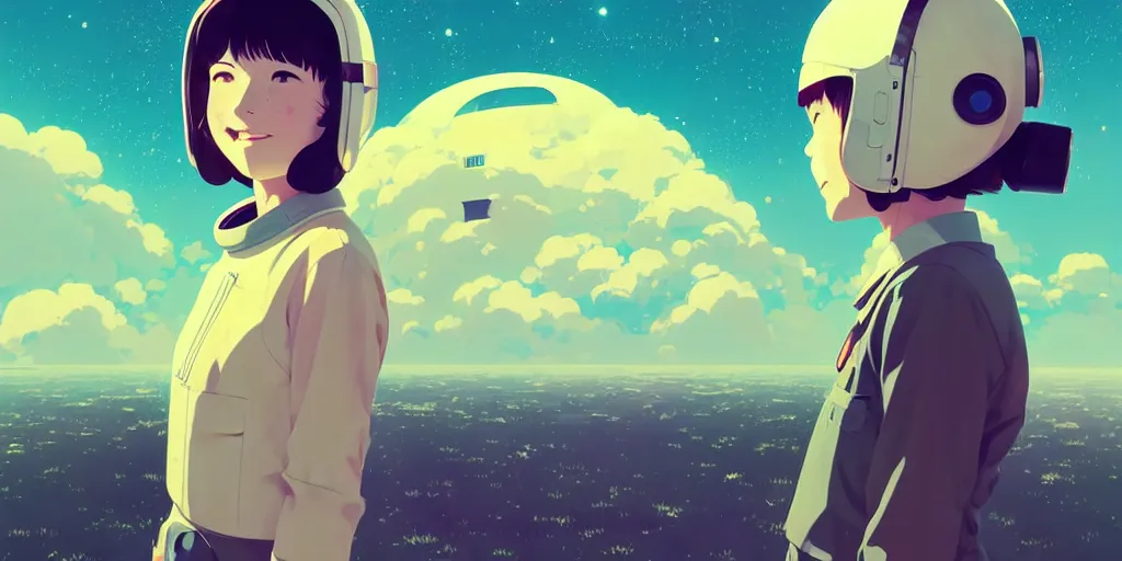 Image similar to portrait of smiling girl with astronaut helmet by ilya kuvshinov, cloudy sky background lush landscape ln illustration concept art anime key visual trending pixiv by victo ngai fanbox by greg rutkowski makoto shinkai takashi takeuchi studio ghibli