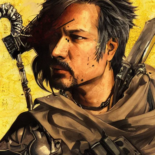 Image similar to portrait of a hero holding his sword in front of his face by yoji shinkawa, high quality, extra details, realism, ornate, colored, golden chain, blood, white skin, short hair, brown eyes, vivid, sunlight, dynamic, american man, freedom, white american soldier, painting, half and half, half painted half black and white