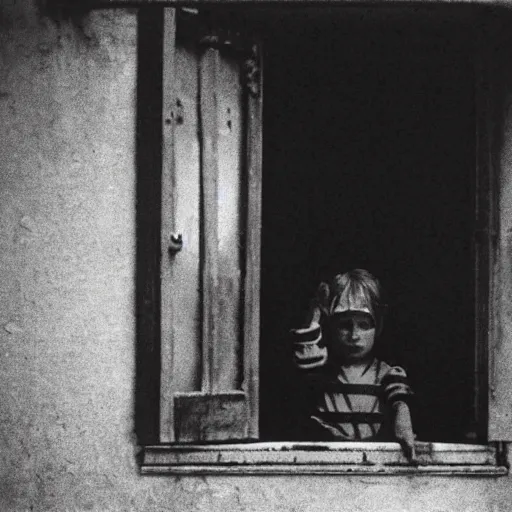 Prompt: creepy child standing behind a window of an old villa. 1 9 2 0 s black and white photo. eerie, foggy.