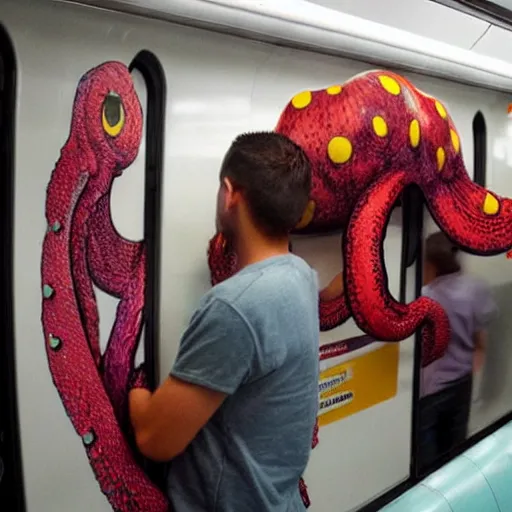 Image similar to of a giant octopus invading a interior of a subway train in new york,