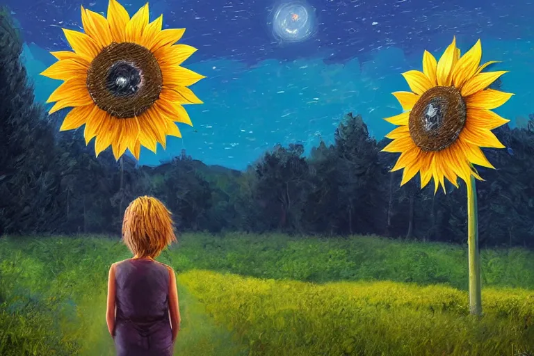 Image similar to giant sunflower as a face, girl walking between big trees, hills, surreal photography, dark night, star trails, dramatic light, impressionist painting, clouds, digital painting, artstation, simon stalenhag