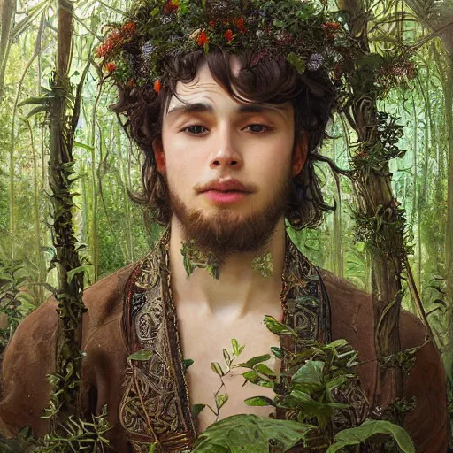 Prompt: intricate detailed portrait painting of a young man putting on tefillin in a beautiful forest meadow, temple ruins surrounded by lush forest, afternoon, intricate, elegant, highly detailed, digital painting, sharp, focus, illustration art by artgerm and greg rutkowski and alphonse mucha
