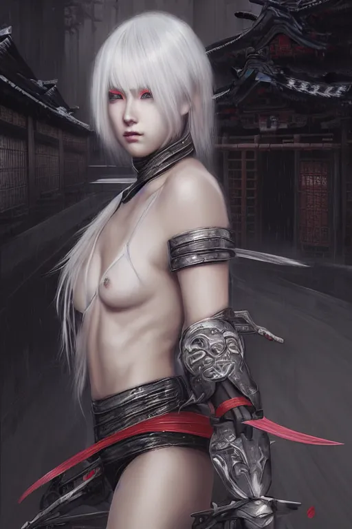 Prompt: portrait Ninja gaiden white hair girl, armored ninja wardrobe, in ruin japanese rainny temple night, ssci-fi and fantasy, intricate and very very beautiful and elegant, highly detailed, digital painting, artstation, concept art, smooth and sharp focus, illustration, art by tian zi and WLOP and alphonse mucha