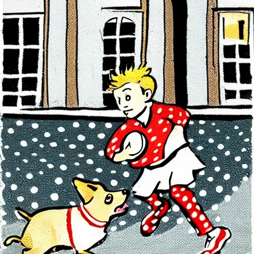 Image similar to illustration of french boy on the streets of paris playing football against a corgi, the dog is wearing a polka dot scarf, comic, 1 9 7 2