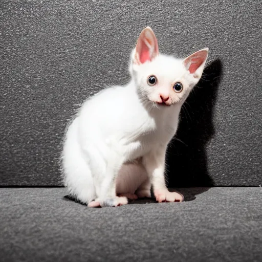 Prompt: a bat kitten, sitting in front of a fridge, photo taken by a nikon, very detailed, 4k