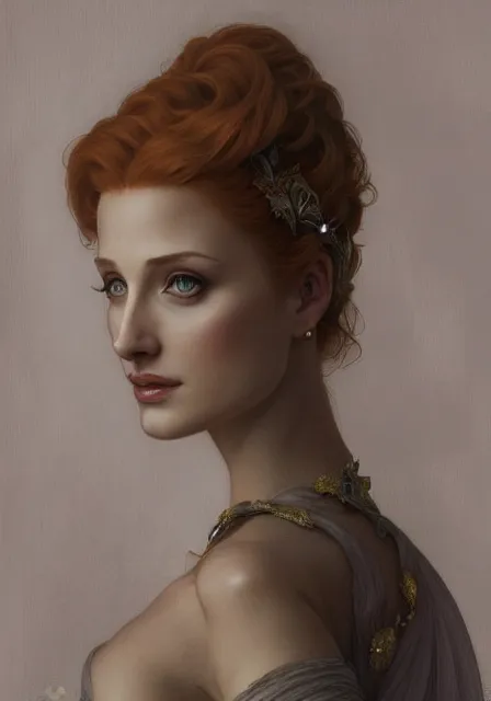 Image similar to sansa angeline jolie gessica chastain in beautiful dress, intricate, elegant, highly detailed, digital painting, artstation, concept art, smooth, sharp focus, illustration, art by artgerm and greg rutkowski and alphonse mucha and william - adolphe bouguereau