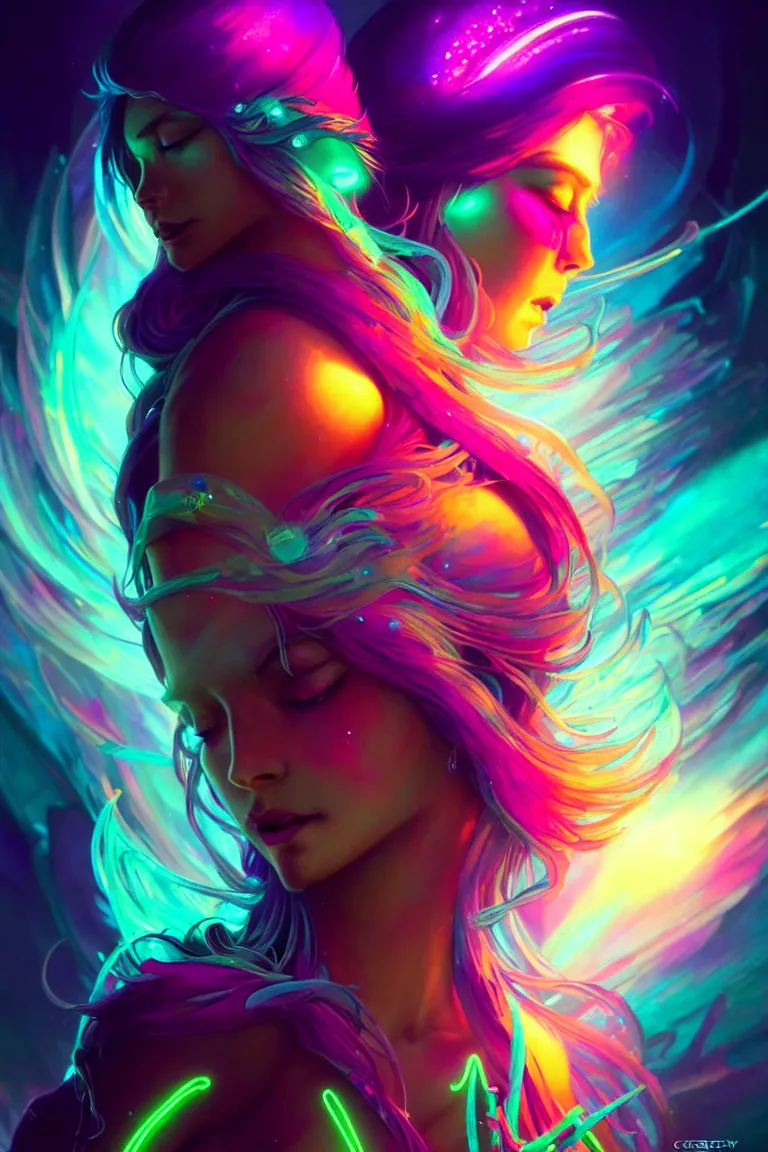 Image similar to epic scale cinematic full body chromaticity goddess character concept perfect focus closeup macro photography of a beautiful colorful crystals powder liquids, glowing fluorescent velvet neon blacklight hues and saturation, sacred dmt weed goddess visionary fantasy art by greg rutkowski android jones artgerm max chroma mucha rule of thirds golden ratio alien plants